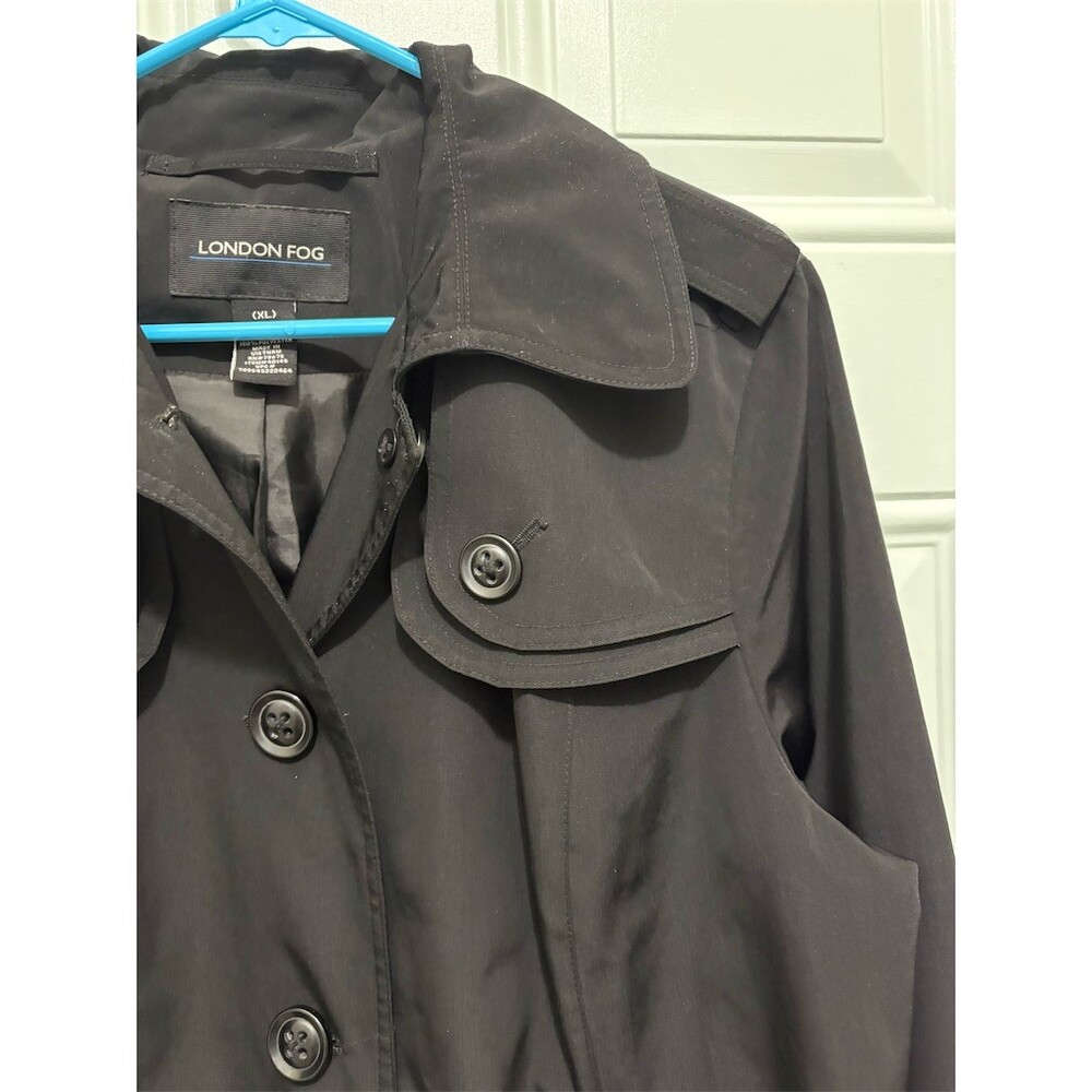 London Fog Trench Coat Womens XL Black Short Button Front Shoulder Pads - Picture 3 of 8